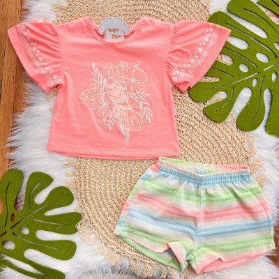 Conj. Blusa Arara e Short Colorido - Rosa Neon